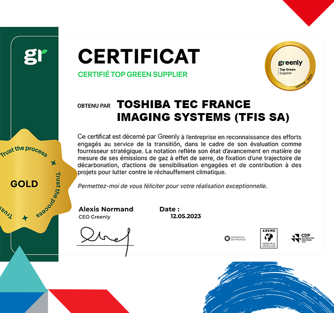 TOSHIBA TFIS obtient la certification Gold – Top Green supplier de Greenly dans le cadre de son programme de diminution des émissions carbone